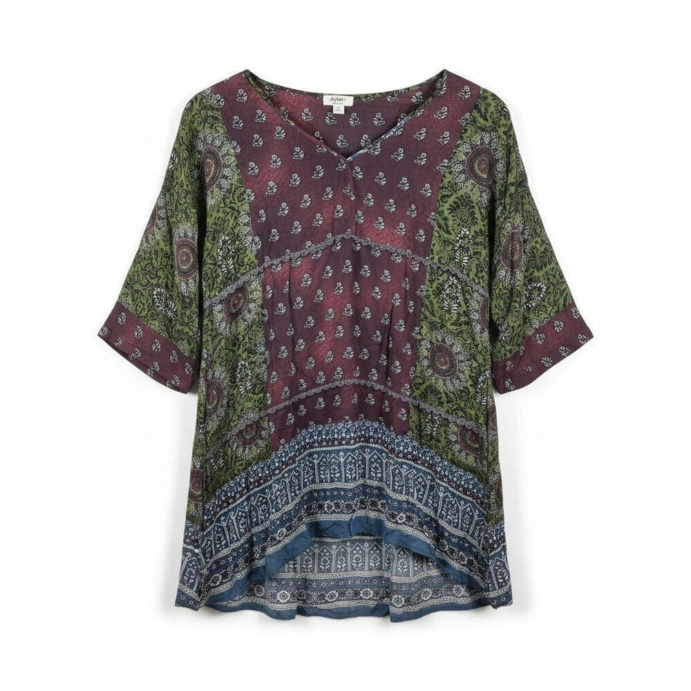 Dylan Boho Patchwork Mixed Print V Neck Tunic Blouse Top Rayon XS Festival Folk